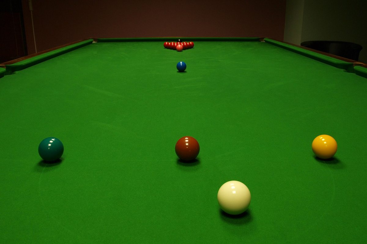 A snooker table with every ball on its starting spot